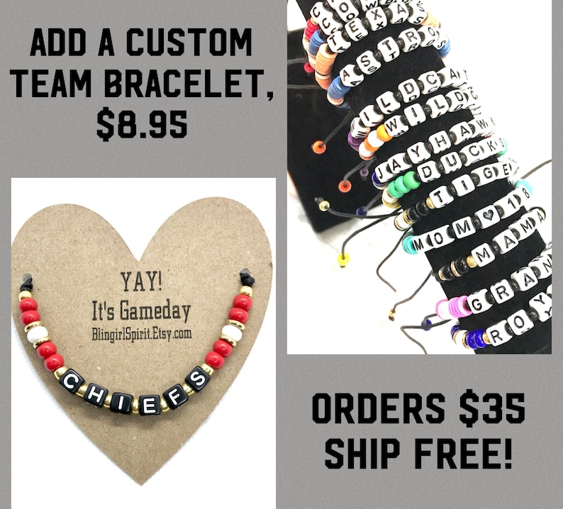 May include: A red, white, and black beaded bracelet with the word "CHIEFS" spelled out in black letter beads. The bracelet is displayed on a heart-shaped piece of cardboard with the text "YAY! It's Gameday BlingirlSpirit.Etsy.com".
