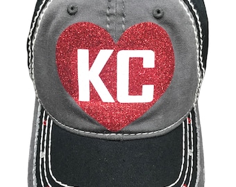LOVE KC Bling Distressed Hat - mit oder ohne Strass - KC - Red Heart Hat
