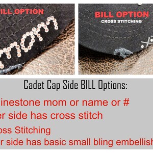 May include: Two black cadet caps with different bill options. One bill has the word "mom" spelled out in rhinestones. The other bill has cross stitching with the text "BILL OPTION CROSS STITCHING".