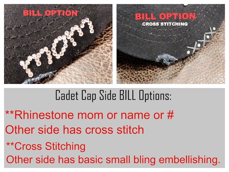 May include: Two black cadet caps with different bill options. One bill has the word "mom" spelled out in rhinestones. The other bill has cross stitching with the text "BILL OPTION CROSS STITCHING".