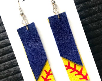 Leather custom color lightweight SOFTBALL earrings - you choose your team colors - baseball mom earrings