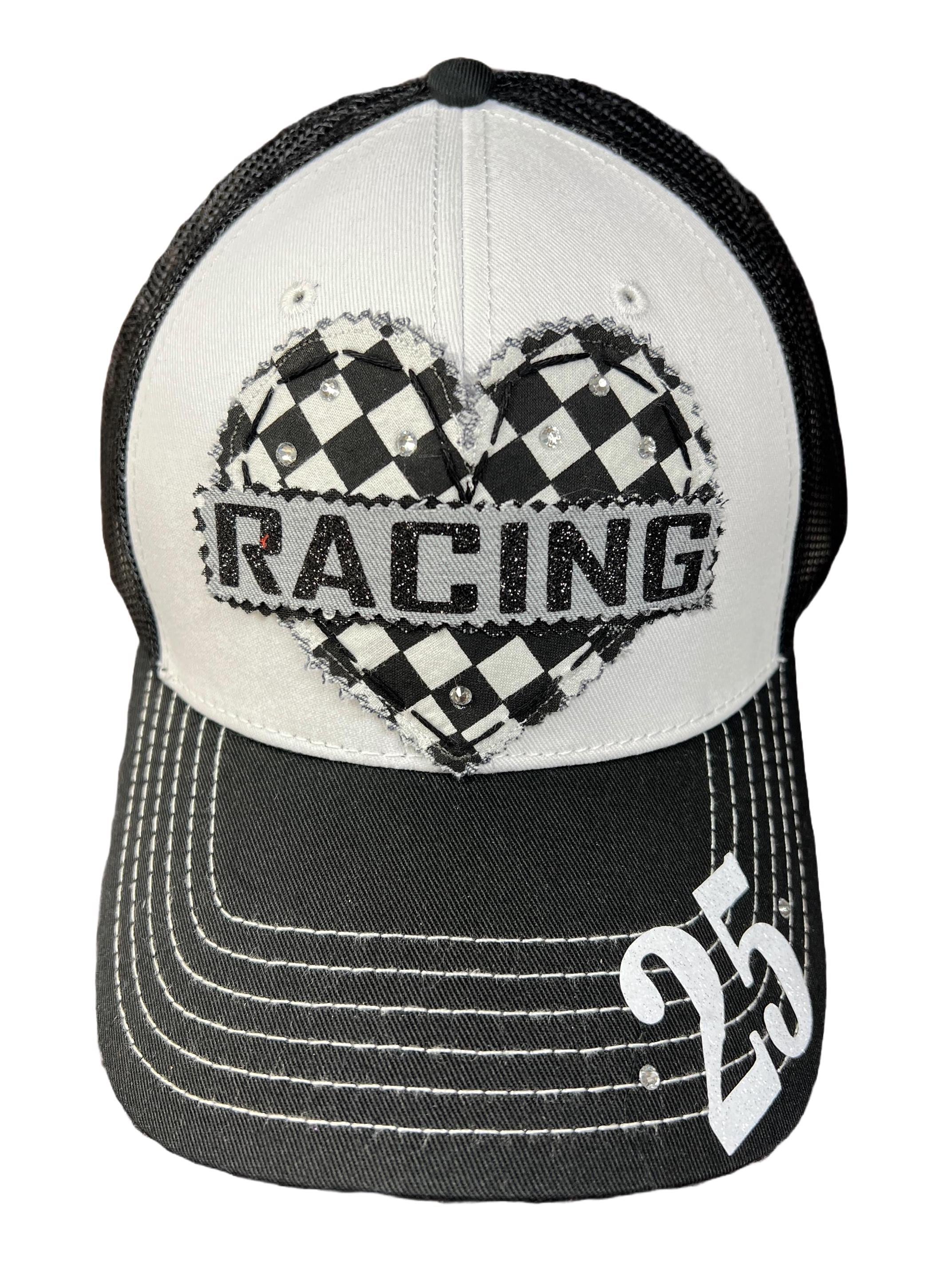 Race Engine Hat Raphics I Love RACING Checkered Flag Print Heart Hat - Customizable Hat ...