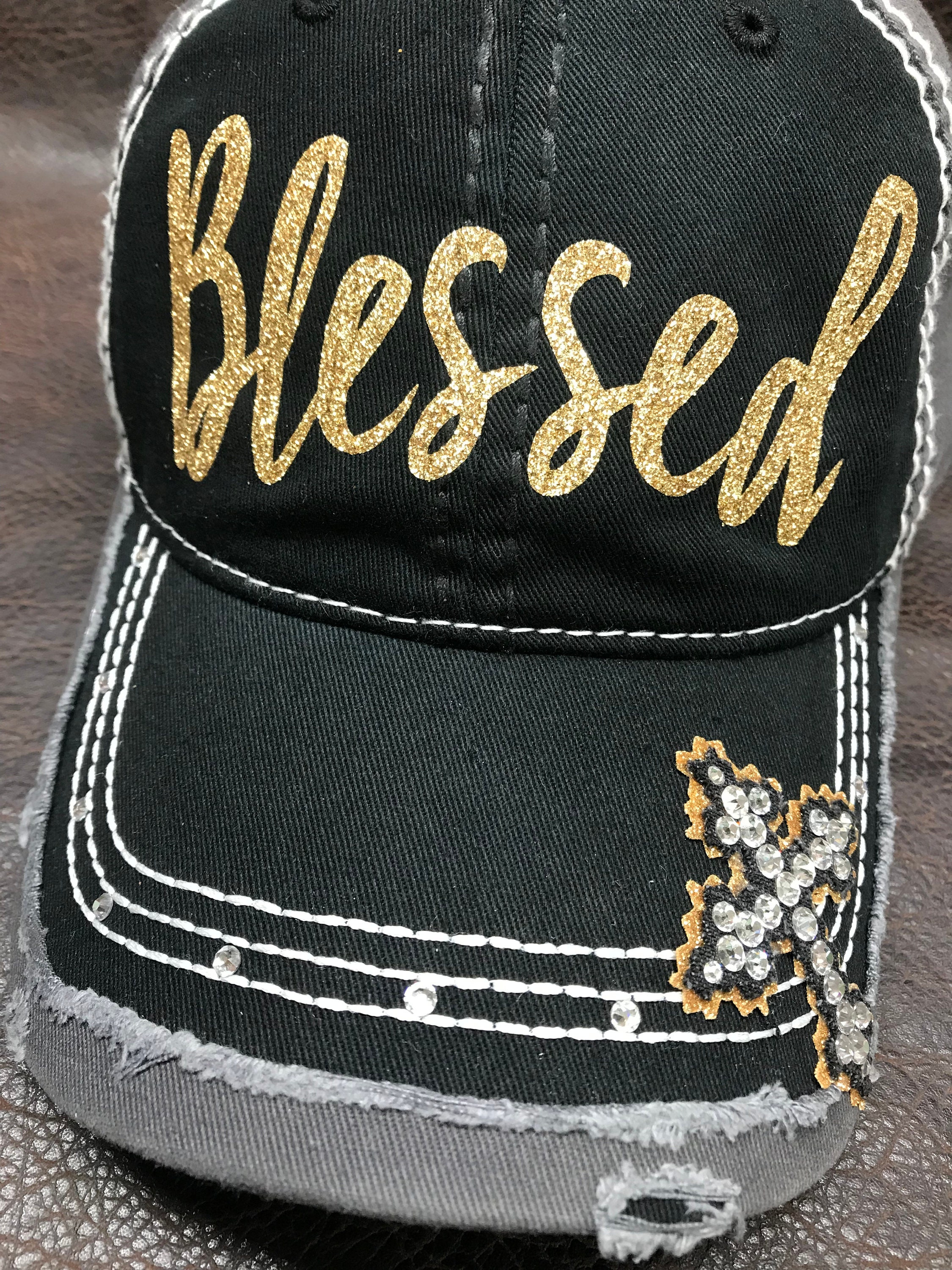 BLESSED Distressed Bling Hat With Cross - Rhinestones - Etsy