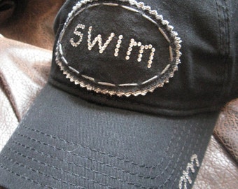 Bling SWIM Mom Distressed Ball Cap - Custom swim hat - Personalizable hat