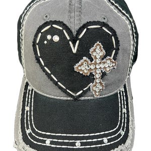 Cross My Heart Distressed Crystal Baseball Cap