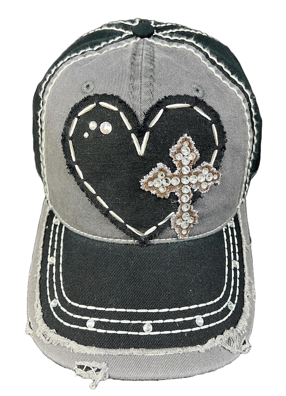 Cross My Heart Distressed Crystal Baseball Cap - Etsy display picture 1