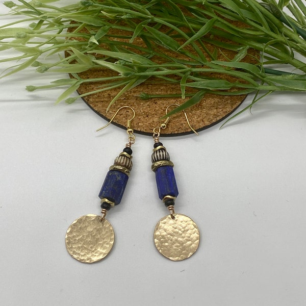 Hammered Brass and Afghan Lapis Earrings, Afrocentric jewelry, African, ethnic earrings, gift, statement, gifts for her. ethnic earrings