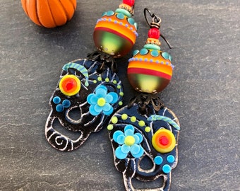 Enamel Sugar Skull Earrings, Regis Beads, Dia de los Muertos, Enameled Copper, Handmade Lampwork Beads, Luxe Lampwork, Collectors Item