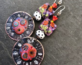 Dragonfly Mandala Earrings, Hippie Flower Earrings, OOAK Enameled Copper Charms, Artisan Lampwork Beads, Dragonfly Beads