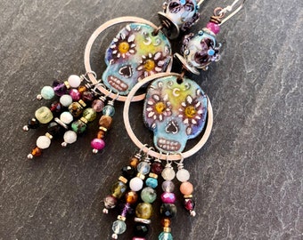 Enamel Sugar Skull Earrings, Gemstone Earrings, Enameled Copper, Handmade Lampwork Beads, Luxe Lampwork, Collectors Item