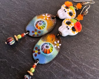 Sugar Skull Rainbow Dangle Earrings, Lucky Charms, Enameled Copper, Handmade Lampwork Beads, Luxe Lampwork, Collectors Item