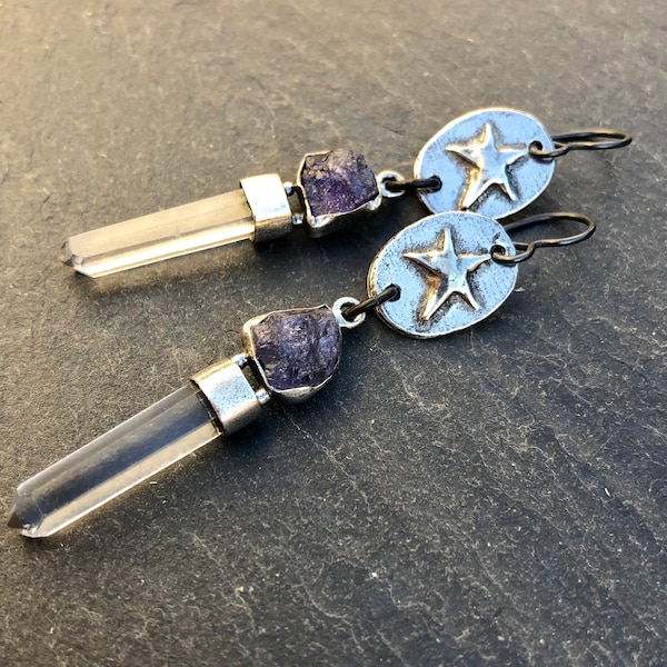 Evening Star Earrings, Tanzanite Earrings, Shooting Star, Crystal Points, Sterling Silver, Artisan Polished Pewter, Inviciti,  Celestial