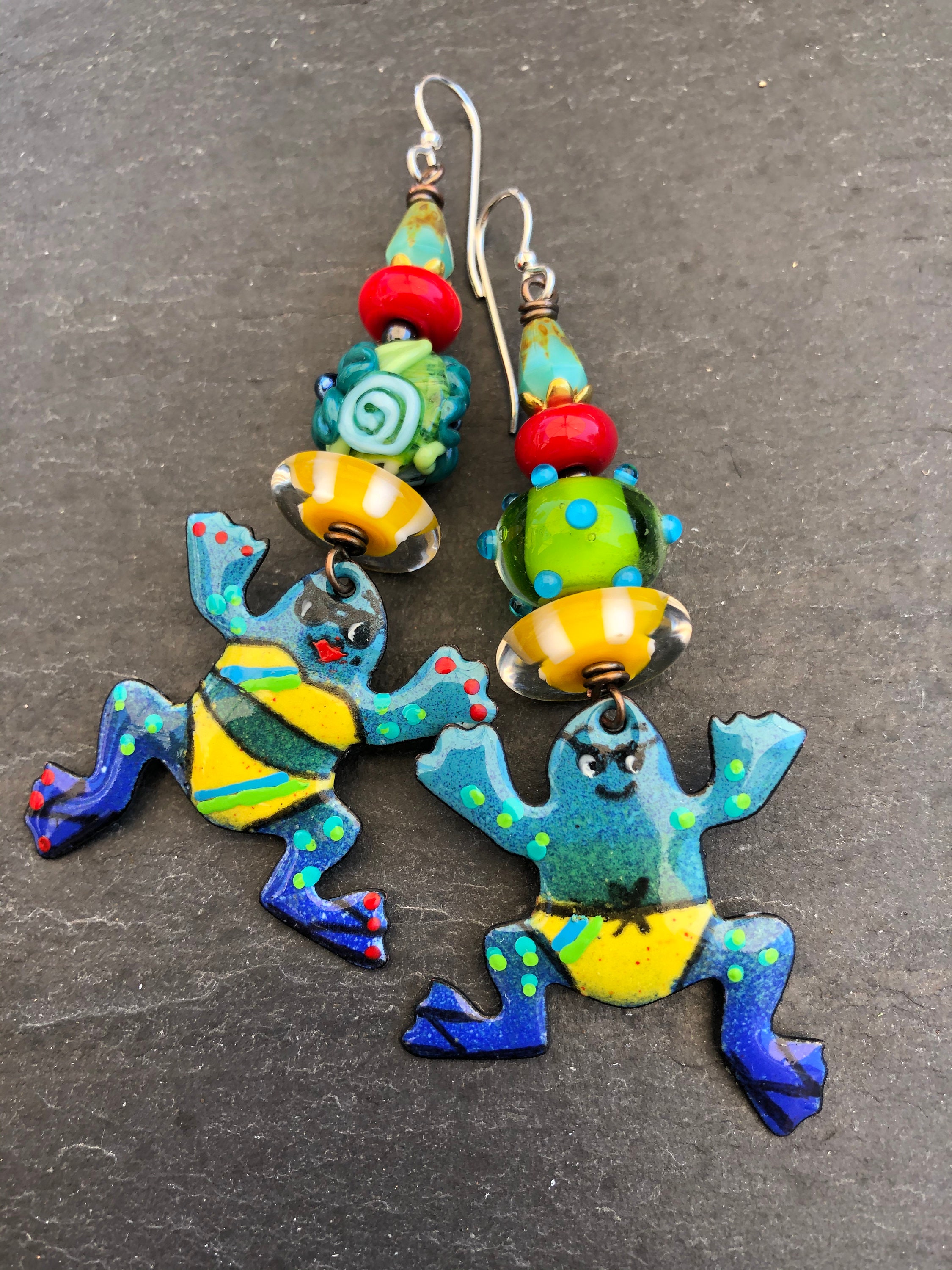 Poolside Frogs Enameled Copper Earrings Asymmetrical Etsy