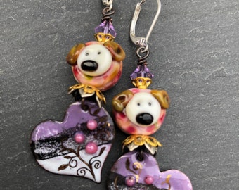 Puppy Love II Earrings, Dog Lover, Valentines Day Earrings, Heart Earrings, Handmade Lampwork, Artisan Beads, Dog Lover, Pet Mommy, Fur Baby