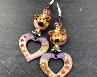 Puppy Love Earrings, Dog Lover, Valentines Day Earrings, Heart Earrings, Handmade Lampwork, Artisan Beads, Dog Lover, Pet Mommy, Fur Baby