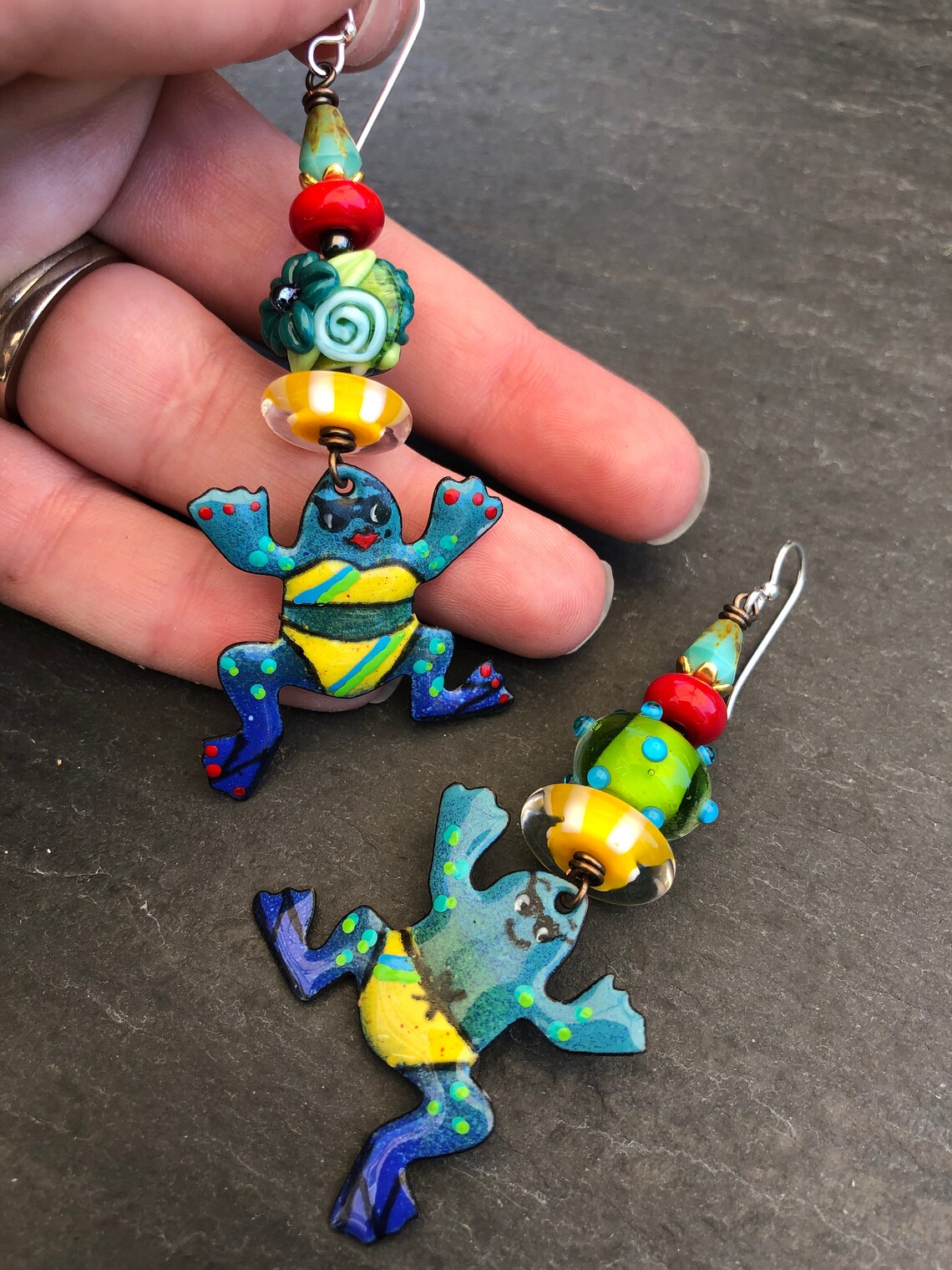 Poolside Frogs Enameled Copper Earrings Asymmetrical Etsy
