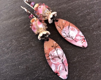 Sakura Cherry Blossom Earrings, Pink Enamel Earrings, Handmade Earrings, Lampwork Glass, Summer Earrings, Gift for Her, Gift for Wife