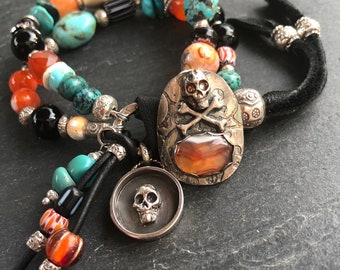 Dr Bones Skeleton Bracelet, Orange Agate, Button Bracelet, Sterling Skull, Sugar Skull, Boho Halloween,  Sugar Skull Jewelry