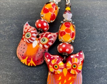 Cherry Margarita Owls, Enamel Owl Earrings, Bold Earrings, Wild Colors, Asymmetrical Earrings, Enameled Copper, Handmade Lampwork Bead