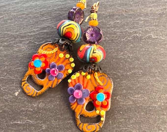 Enamel Sugar Skull Earrings, Enameled Copper, Handmade Lampwork Beads, Luxe Lampwork, Collectors Item