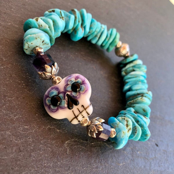 Luxe Sugar Skull Bracelet, Genuine Turquoise, Day of the Dead, Dia de las Murtas, Halloween Gift, Halloween Bracelet, Rocker Chic