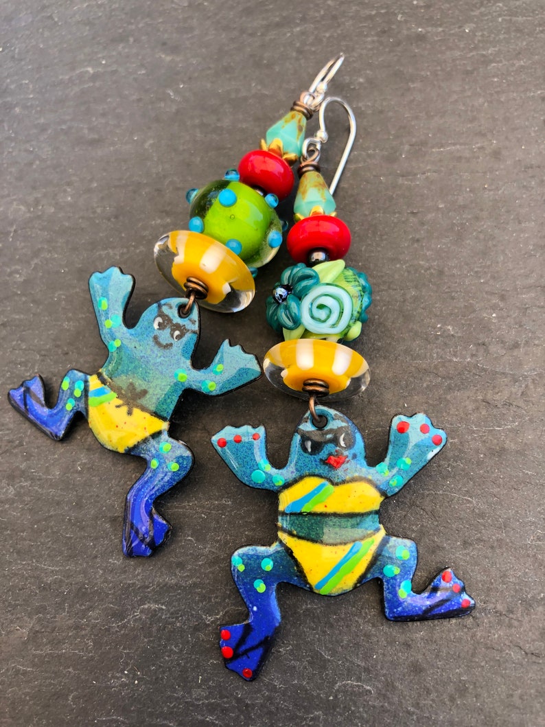 Poolside Frogs Enameled Copper Earrings Asymmetrical Etsy