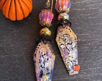 Haunted Pumpkin Earrings, Enameled Copper Dangle Earrings, Spooky Earrings, Graveyard, Halloween Earrings, Elegant Macabre