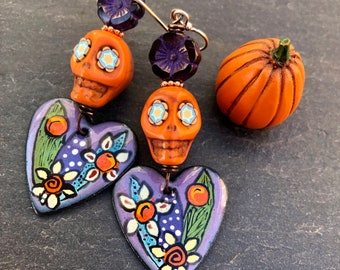 Cactus Calaveras, Sugar Skull Earrings, Enamel Earrings, Day of the Dead, Dia de las Muertas, Enameled Copper, Handmade, Handmade Lampwork