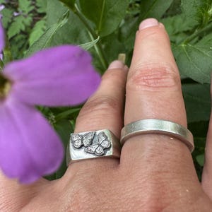 May include: A hand displaying two silver rings. One is a plain band, the other a rectangular signet ring with three butterfly designs. A purple flower is in the background.