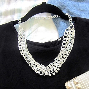 Silver Statement Necklace, Chunky Silver Necklace, Silver  Multi Layer Chain, Triple Layer Necklace