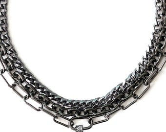Multi Layer Carabiner Necklace, Gunmetal Statement Necklace, Paper Clip and Cuban Link Chain