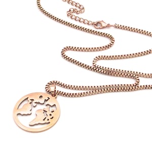 Collier voyageur du monde, chaîne boîte en or rose, bijoux globe-trotter, collier carte Wanderlust, cadeau de la Saint-Valentin, cadeau pour professeur