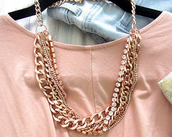 Collier tendance en or rose, gros collier en or rose, chaîne multi-niveaux en or rose, collier triple épaisseur