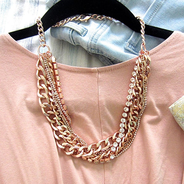 Rose Gold Statement Necklace, Chunky Rose Gold Necklace, Rose Gold  Multi Layer Chain, Triple Layer Necklace