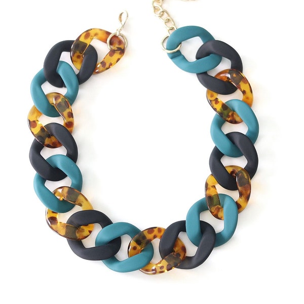 Teal Tortoise Necklace, Chunky Tortoise Shell Necklace, Resin Acrylic Link Chain, Necklace and Bracelet Set