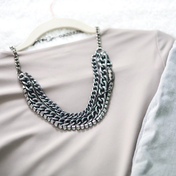 Gunmetal Statement Necklace, Chunky Black Necklace, Silver Multi Layer Chain, Triple Layer Necklace