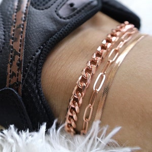 Cuban Link Anklet, Chunky Rose Gold Anklets, Paper Clip Chain, Herringbone Ankle Bracelet, Stackable Set