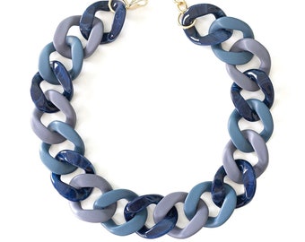 Blue Tortoise Necklace, Chunky Navy Blue Necklace, Resin Acrylic Link Chain, Necklace and Bracelet Set