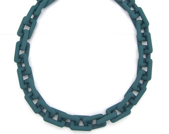 Collier bleu sarcelle mat, chaîne à maillons en résine acrylique, collier géométrique, collier à maillons rectangulaires, chaîne à maillons épais