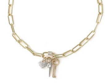 Paperclip Carabiner Necklace, Gold Paper Clip Choker, Rhinestone Heart and Key Charms, Oval Chain Link