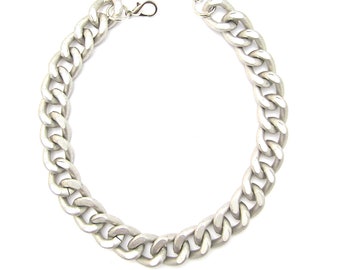 Chunky Chain Necklace, Lightweight Cuban Link Chain, Matte Silver Statement Necklace