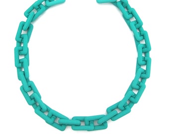 Collier turquoise mat, chaîne à maillons acryliques en résine, collier géométrique, collier à maillons rectangulaires, chaîne à maillons épais