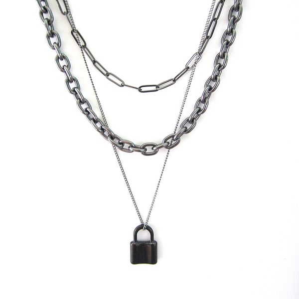 Padlock Necklace Set, Paper Clip Layer Chains, Gun Metal Layered Chains, Oval Link Necklace, Gunmetal Black Set, Triple Layer Necklace