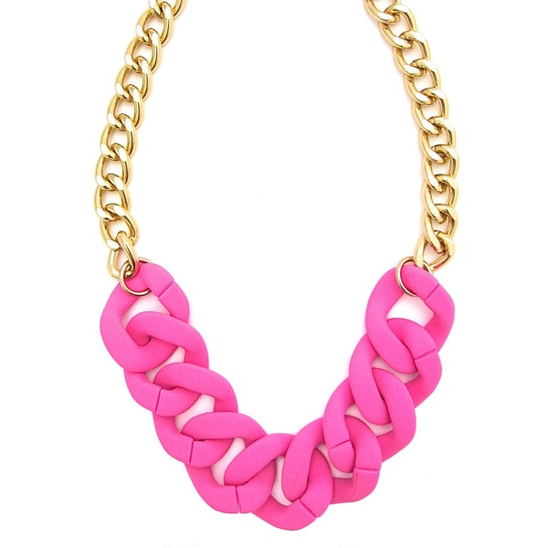 Chunky Pink Necklace, Hot Pink Statement Necklace, Chunky Matte Resin Link Chain, Gold Cuban Link Chain, Custom Neon Jewelry