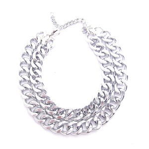 Chunky Statement Necklace, Double Layered Cuban Link Chain, Chunky Silver  Multi Layer Choker