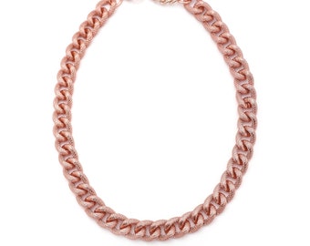 Chunky Textured Necklace, Rose Gold Cuban Link Chain, Faux Pavé Statement Necklace