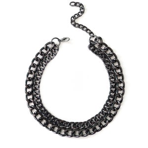 Double Layer Necklace, Gunmetal Cuban Link Chain, Chunky Multi-Layer Statement Necklace