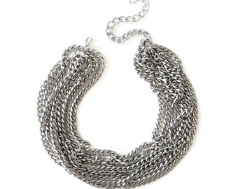 Multi Layer Statement Necklace, Silver Cuban Link Chain, Chunky Jewelry