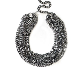 Multi Layer Statement Necklace, Gunmetal Cuban Link Chain, Chunky Jewelry