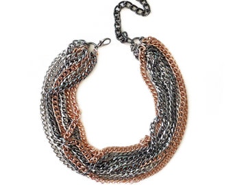 Multi Layer Mixed Metal Necklace, Rose Gold Statement Necklace, Cuban Link Chain, Chunky Jewelry